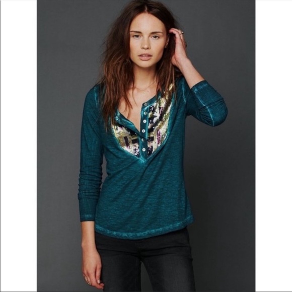 Free People Tiger Eye Teal Sequin Henley Long Sleeve Medium Teal Green - Picture 1 of 11